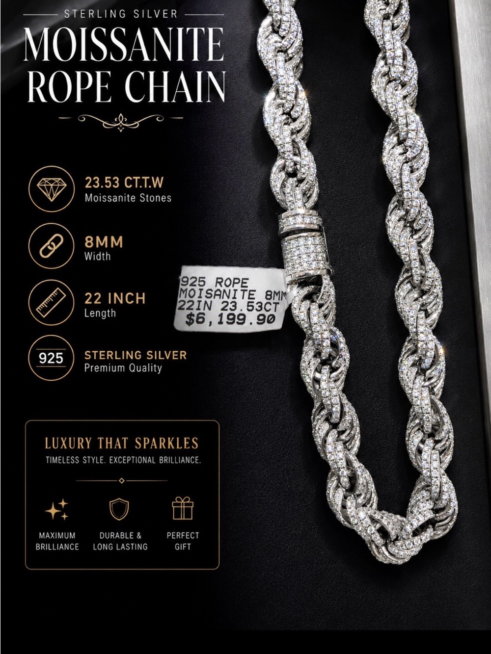 Sterling Silver Moissanite Rope Chain Necklace - White